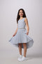 Glitter Pleated High Low Dress with Belt in silver.