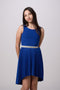 Glitter Pleated High Low Dress with Belt in Royal blue.