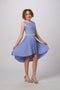 Glitter Pleated High Low Dress with Belt in Denim blue.