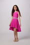 Glitter Pleated High Low Dress with Belt in Fuchsia pink.