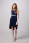 Glitter Pleated High Low Dress with Belt in Navy blue.