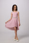 Glitter Pleated High Low Dress with Belt in Rose Pink.