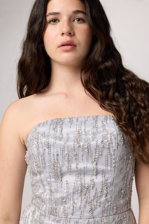 Brunette girl in an Un Deux Trois silver beaded dress.Brunette girl in an Un Deux Trois silver beaded dress.