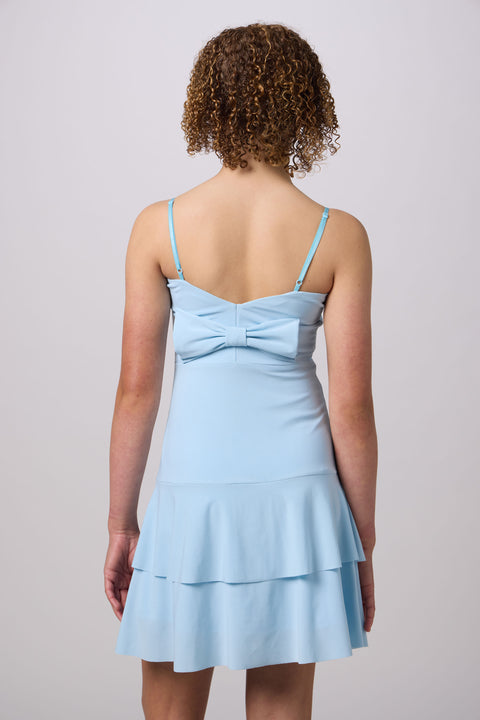 Bow Back Tiered Dress in blue.