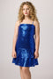 Sequin bo back tiered dress in cobalt.