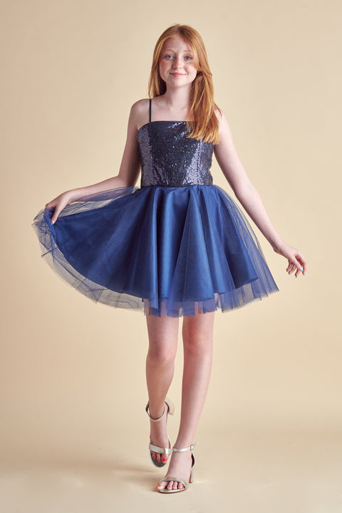 Sequin and Tulle Party Dress in navy.