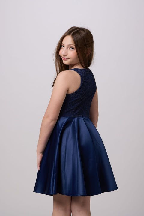 Glitter and Satin Racerback Dress in Longer Length in navy.