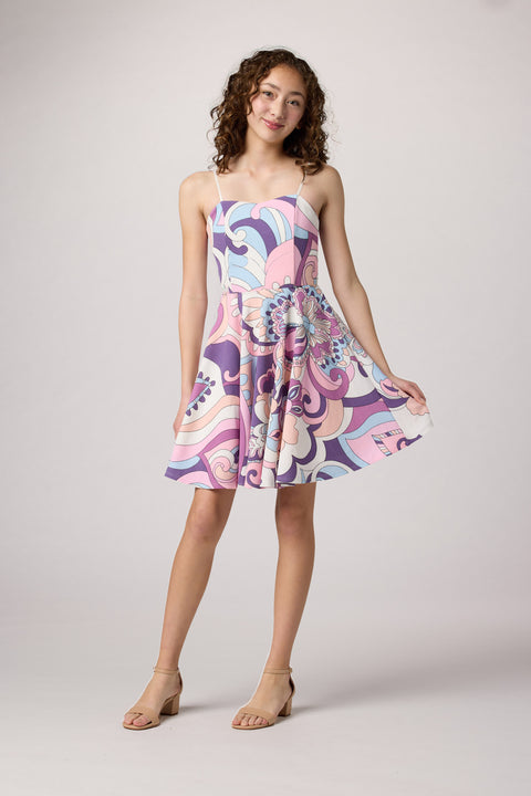 Print Textured Fit and Flare Stretch Dress in Longer Length.