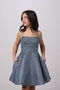 Petite Junior Fit and Flare Glitter Dress in dark blue.