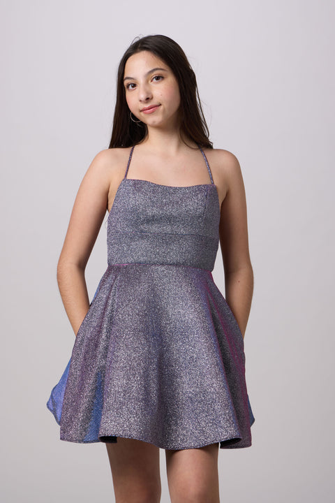 Petite Junior Fit and Flare Glitter Dress in purple.
