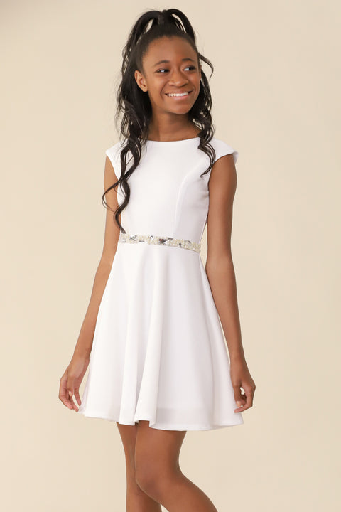 Textured Cap Sleeve Dress with Belt in Longer Length.