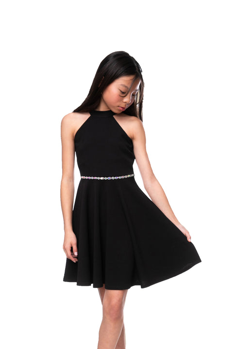 Un Deux Trois K5191 skater halter dress in longer length with belt – black
