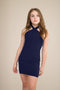 Criss-Cross Mini Halter Dress in navy.
