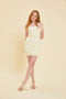 Glitter Mesh Ruched Fitted Dress in cream.
