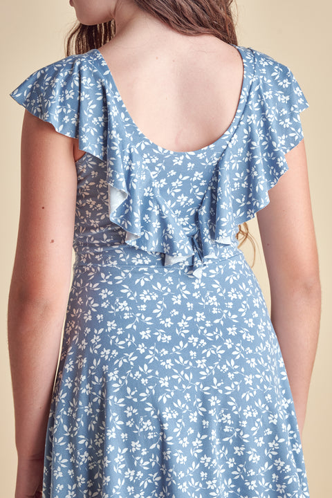 Flutter Sleeve Dress in blue.