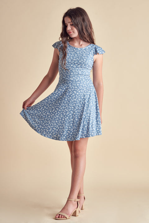 Flutter Sleeve Dress in blue.