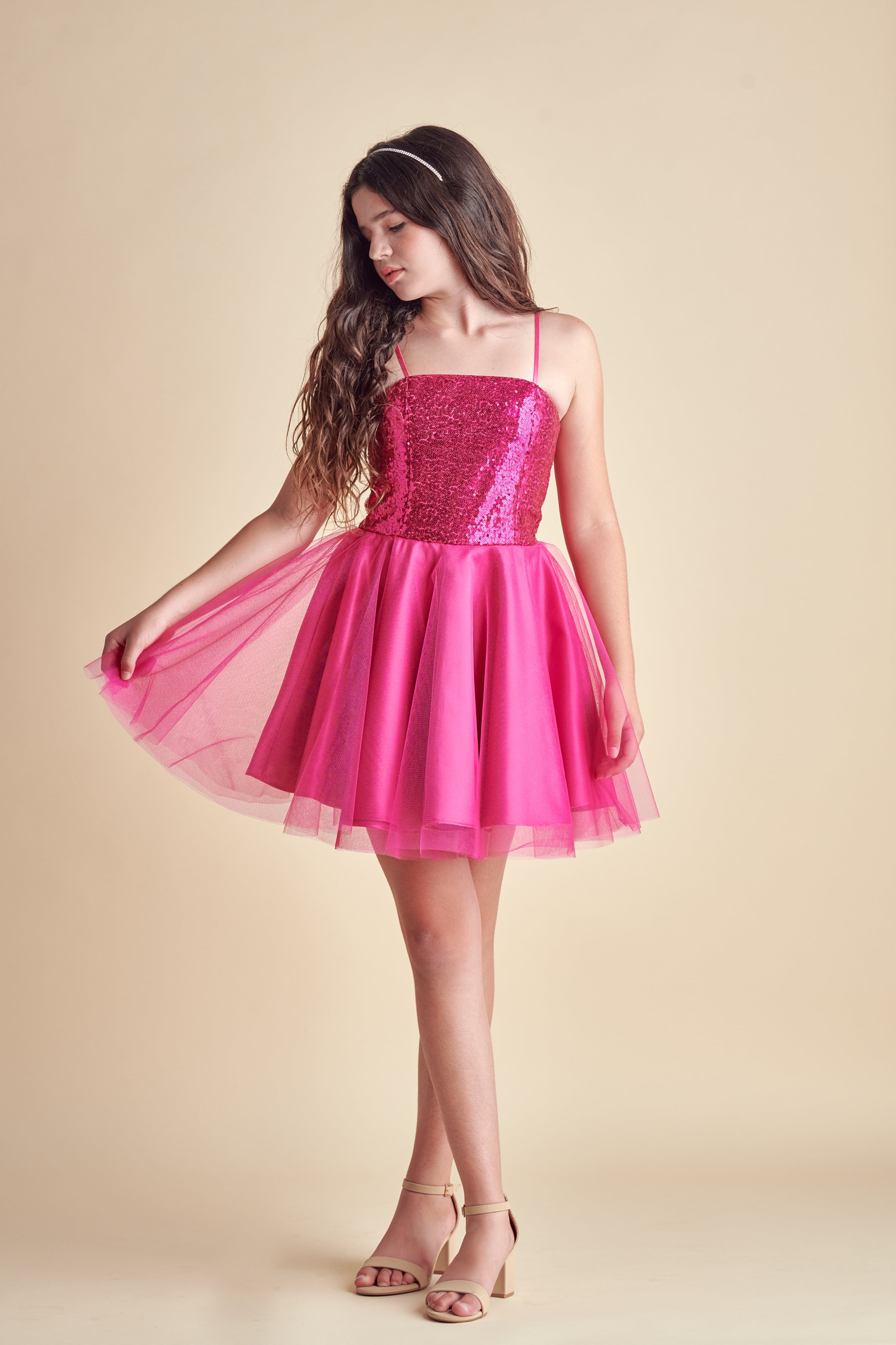 open lace back dress Un Deux Trois Girl's Sequin Fit-And-Flare Tulle Dress - Pink