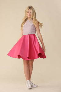 Halter style fit and flare dress with a stretchy, glitter bodice and non-stretch satin skirt in fuchsia pink with sneaker. 