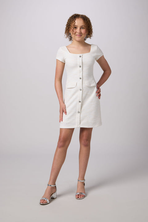 Un Deux Trois K5175 short sleeve boucle dress in longer length - ivory