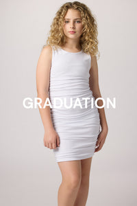 Blonde girl in a white ruched dress.