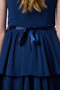 Navy udtfashion belt with ribbon and rhinestone. 