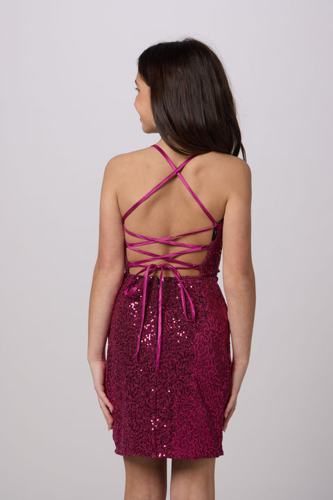 Fitted Sequin Lace up Back Dress