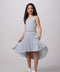 Glitter Pleated High Low Dress with Belt in silver.