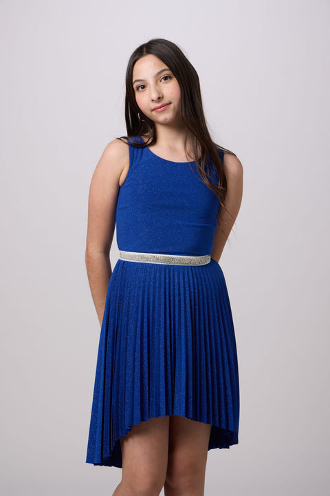Glitter Pleated High Low Dress with Belt in Royal blue.