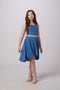 Glitter Pleated High Low Dress with Belt in bluestorm.