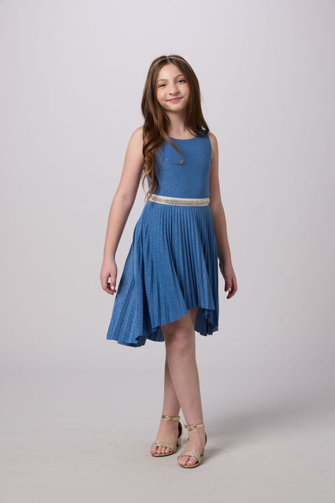 Glitter Pleated High Low Dress with Belt 7 / Bluestorm Glitter Pleated High Low Dress with Belt 7 / Bluestorm