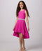 Glitter Pleated High Low Dress with Belt in Fuchsia pink.