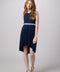Glitter Pleated High Low Dress with Belt in Navy blue.