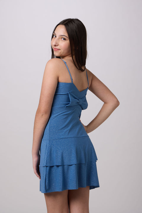 Glitter Bow Back Tiered Dress in bluestorm.