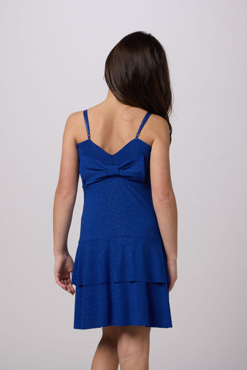 Glitter Bow Back Tiered Dress in cobalt.