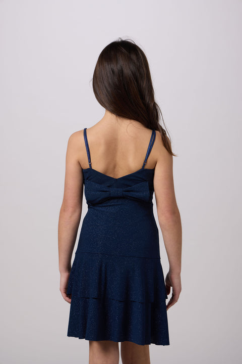 Glitter Bow Back Tiered Dress in navy.