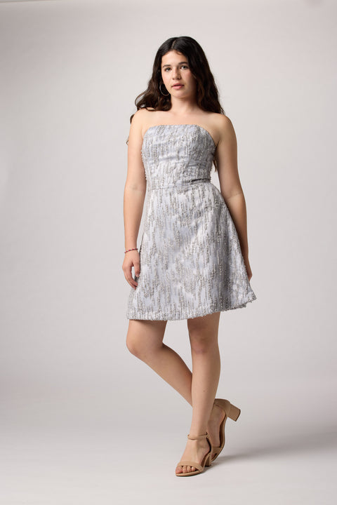 Brunette girl in an Un Deux Trois silver beaded dress.