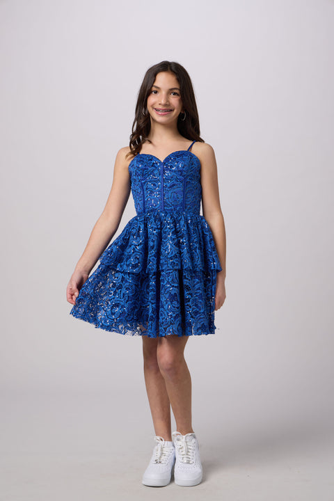 Petit Junior Lace and Sequin Lace Up Dress 6 / Cobalt