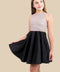 Glitter and Satin Racerback Dress in Longer Length in black and champagne.