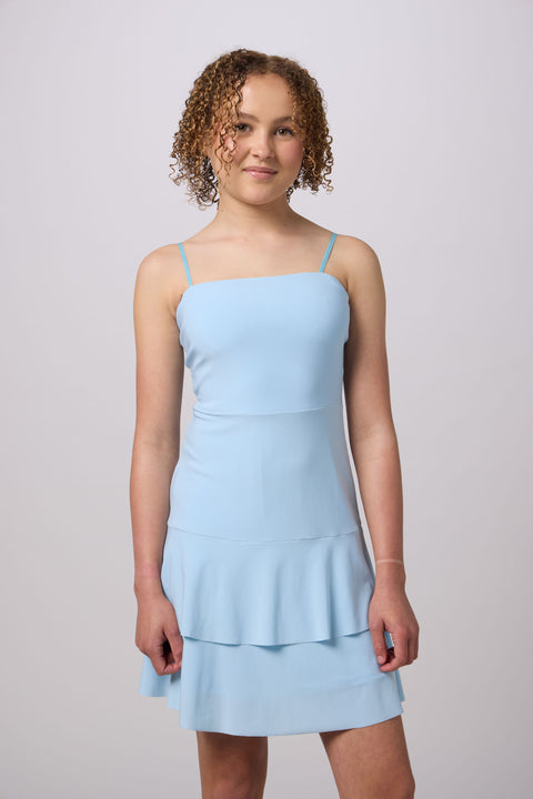 Bow Back Tiered Dress in blue.