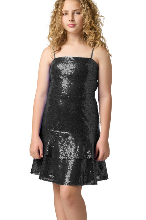 Sequin bow back tiered dress in black.