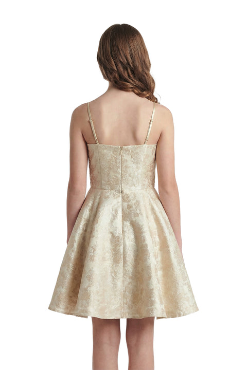 Un Deux Trois K5096 fit and flare party dress in longer length – gold