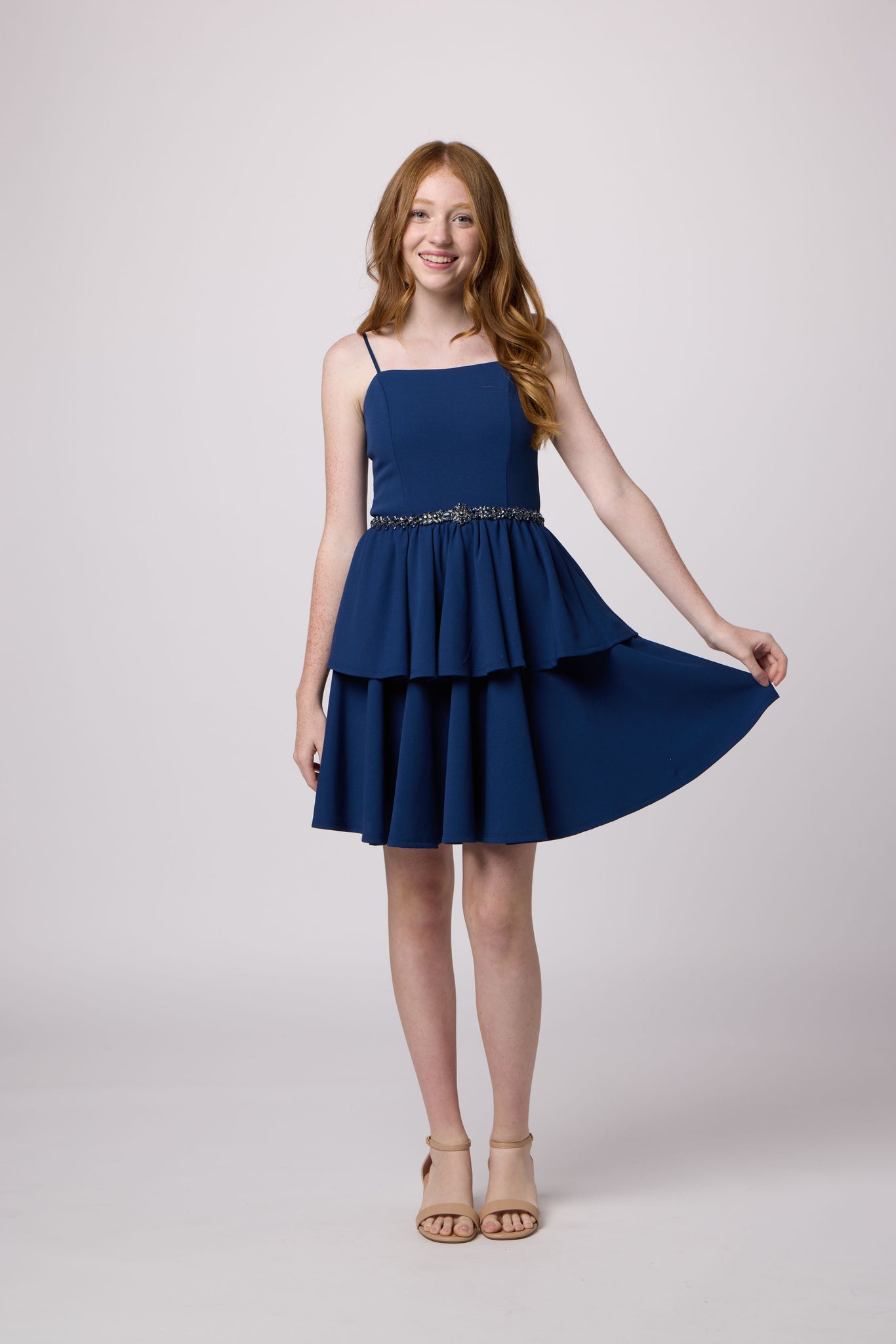 Navy tiered dress with belt.