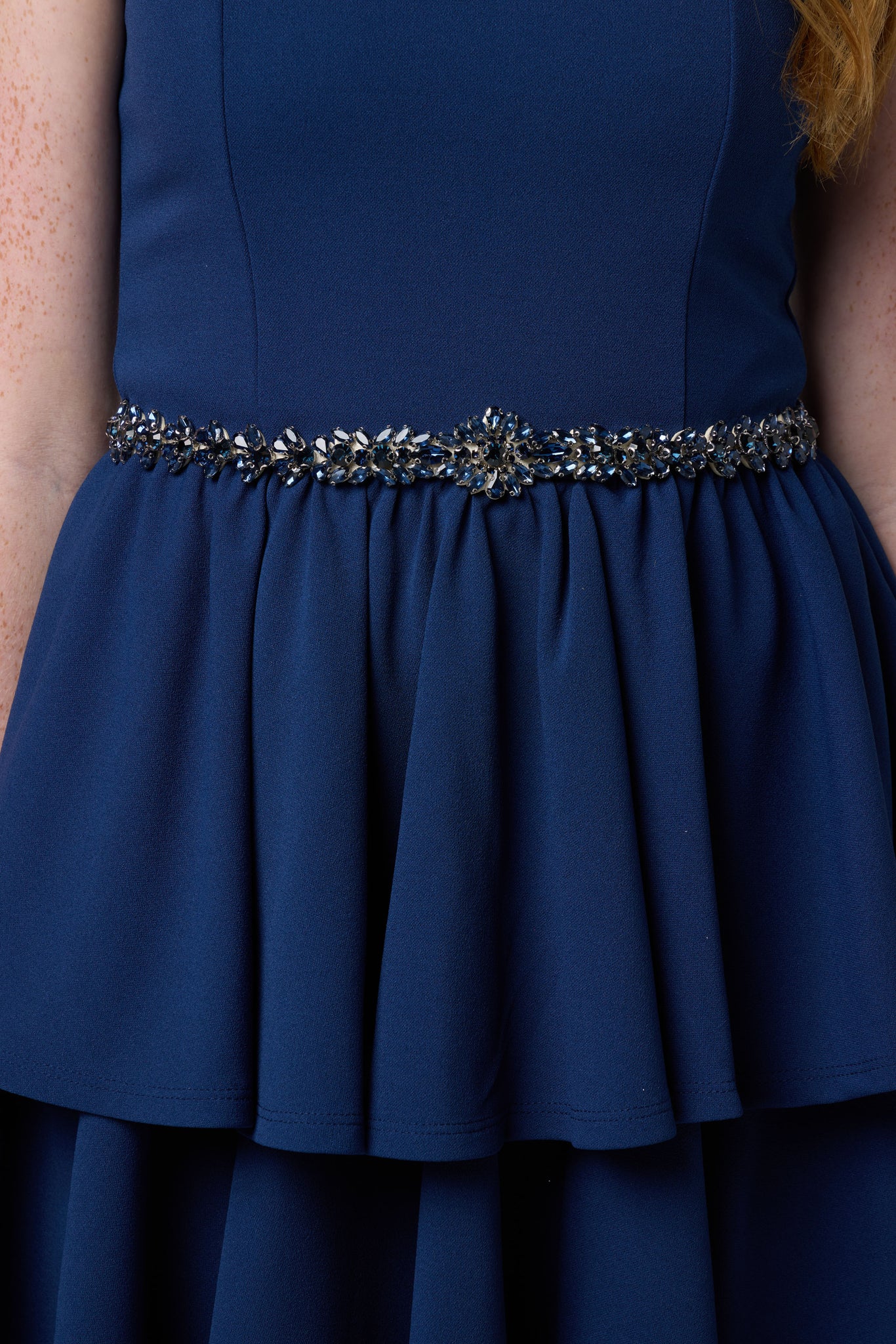 Navy tiered dress with belt.