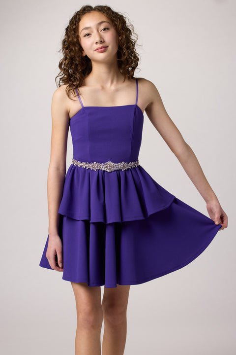 Tiered Dress with Rhinestone Belt 8 / Purple Tiered Dress with Rhinestone Belt 8 / Purple