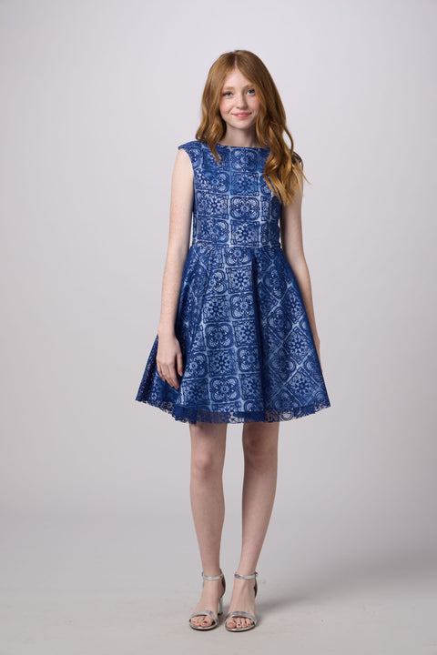 Cap Sleeve Boat Neck Lace Dress In Longer Length.