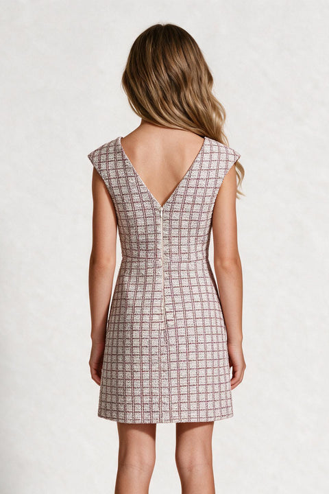 A woman shown from the back wearing a sleeveless, V-neck mini dress with a brown and beige windowpane plaid pattern, set against a light textured studio background.