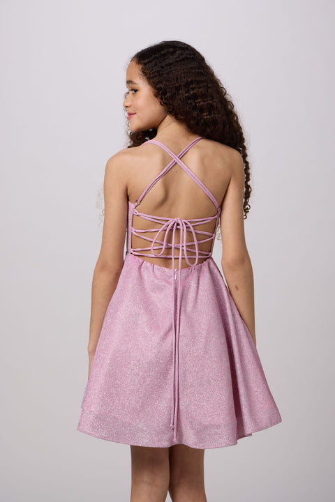 Petite Junior Fit and Flare Glitter Dress in pink.
