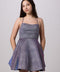 Petite Junior Fit and Flare Glitter Dress in purple.