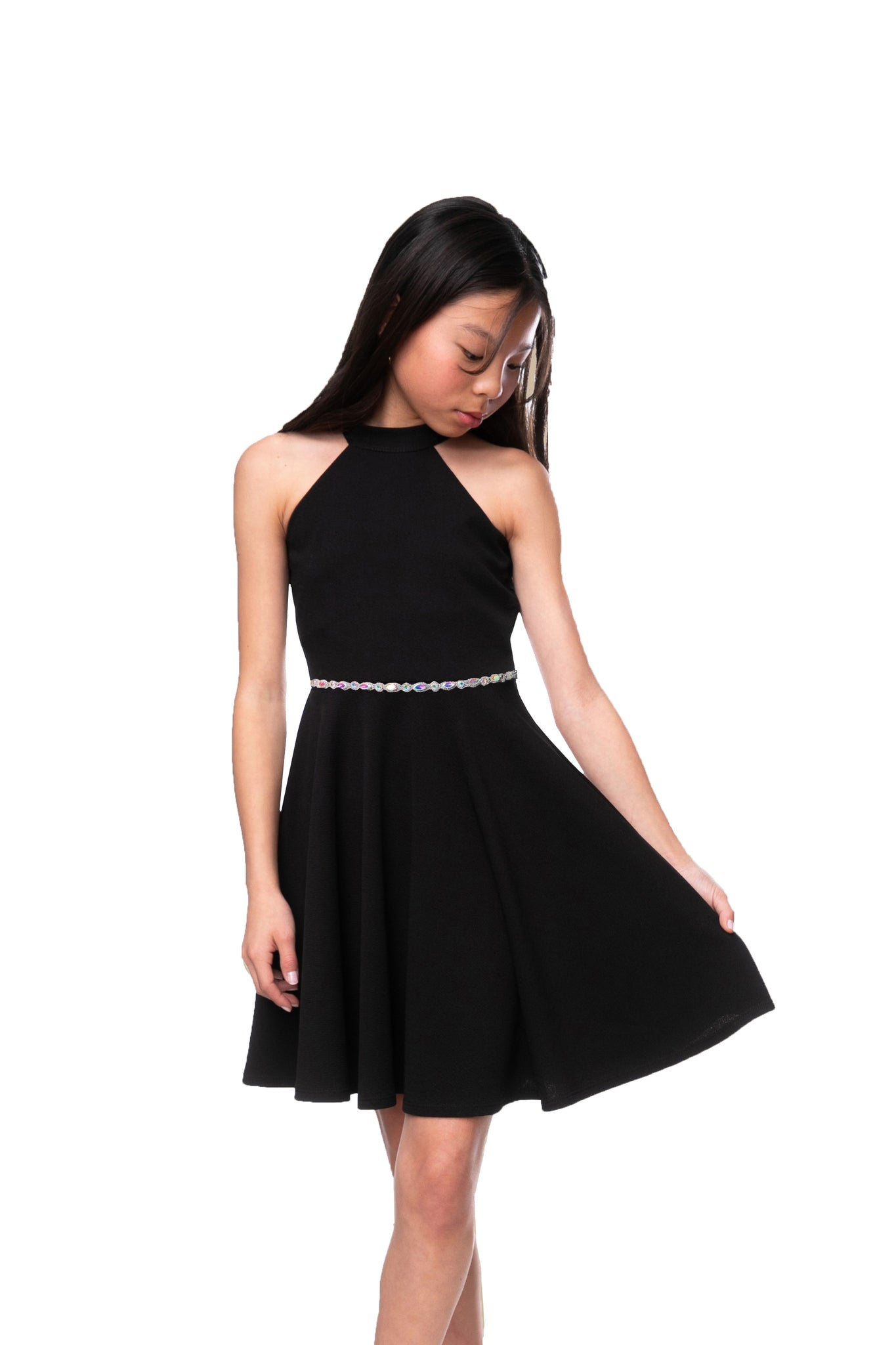 Un Deux Trois K5191 skater halter dress in longer length with belt – black