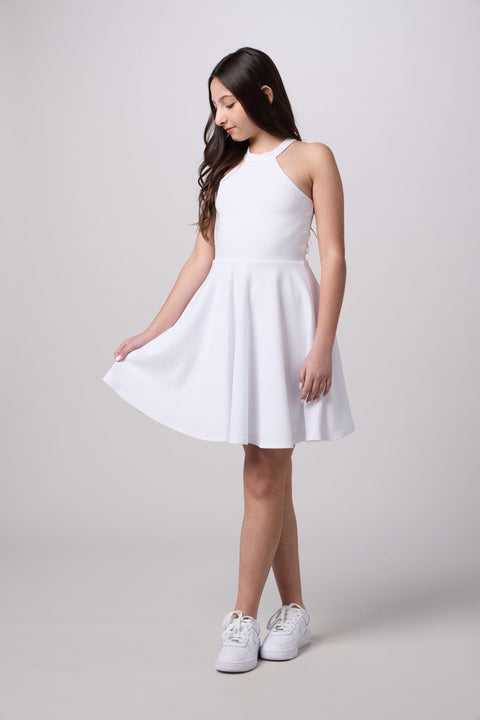 Skater Halter Dress in Longer Length in white.